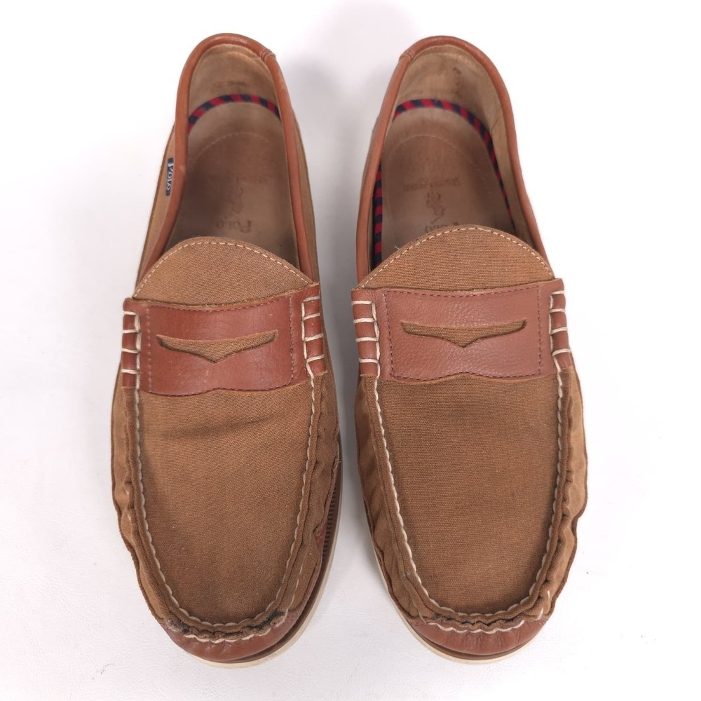 POLO RALPH LAUREN Blackley 10.5D Leather Textile Loafers‎ Brown Men's Shoes